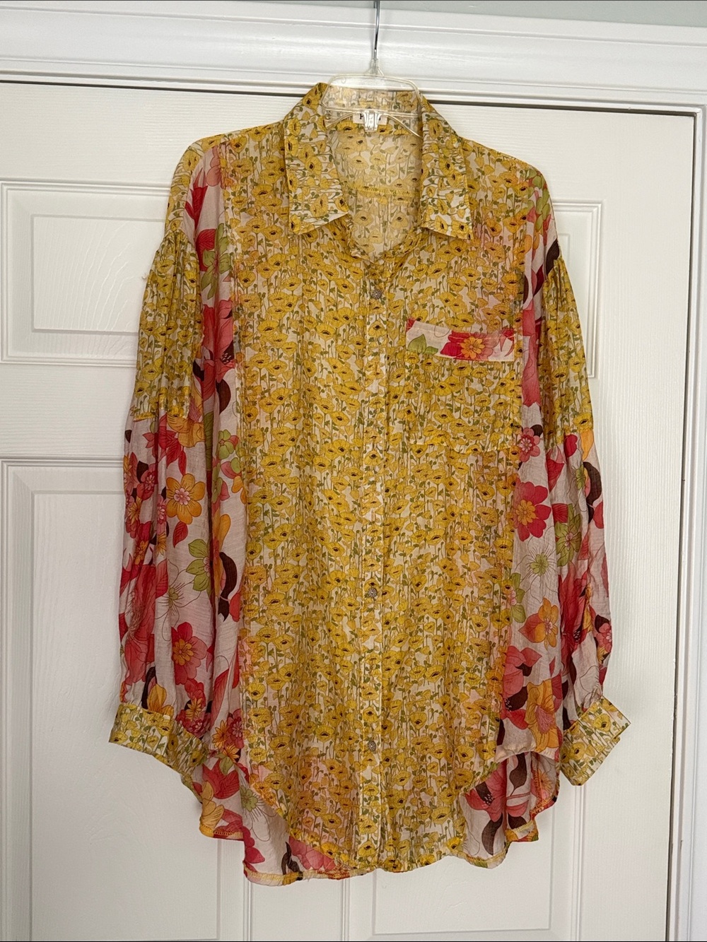 Women's Floral Button-Down Blouse in Mustard and Orange